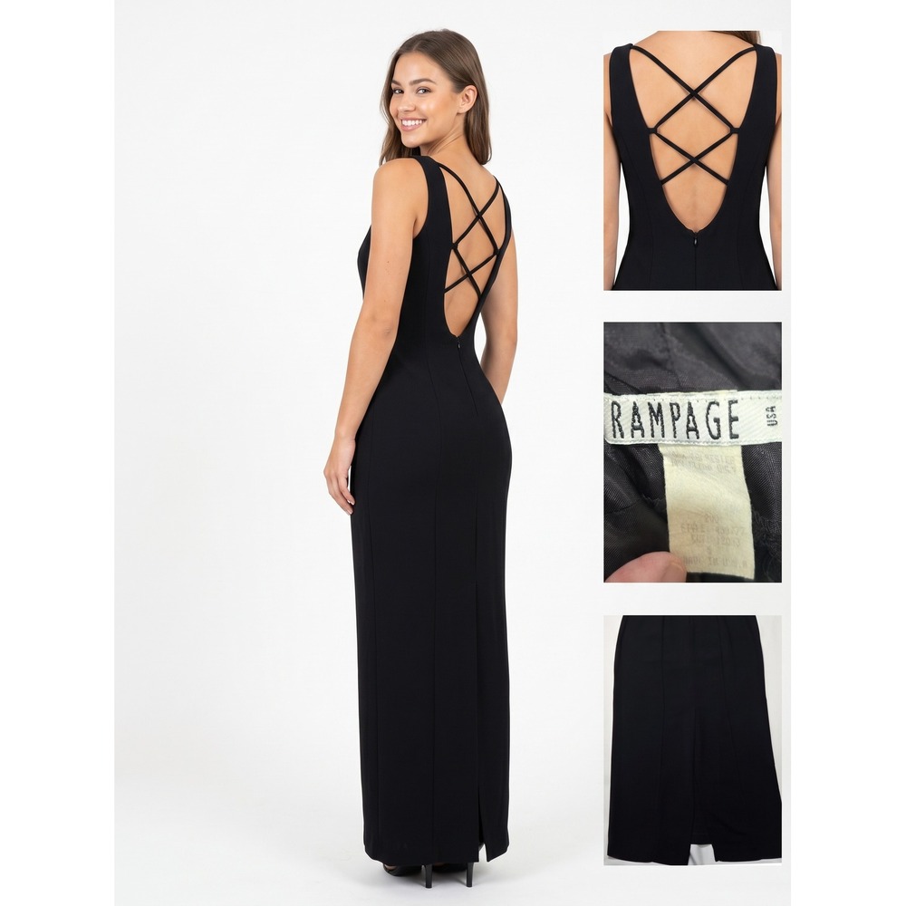 VTG 90s Rampage USA Maxi Sheath Bodycon Dress Womens XS Black Low Strappy Back